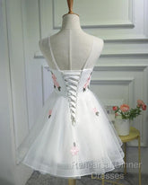 White Short Cute Graduation Party Dress , Lovely Semi Formal Prom Dress , Formal Dress Tulle With Flowers